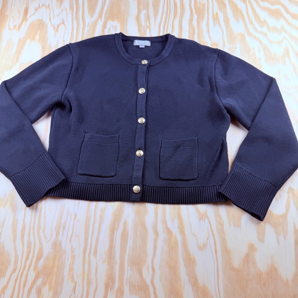 J.Crew Black Cotton Cropped Cardigan Sweater Gold Crest Buttons Small